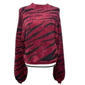 Bardot Zebra Print Womens S Fuzzy Knit Red & Black Crewneck Balloon Sleeves